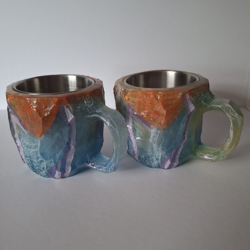 Mineral Crystal Stainless Mug Resin 6oz Blue Orange Handle Coffee Tea Gift Set